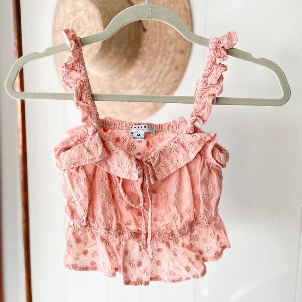 FAVLUX Pink Eyelet Ruffle Crop Top